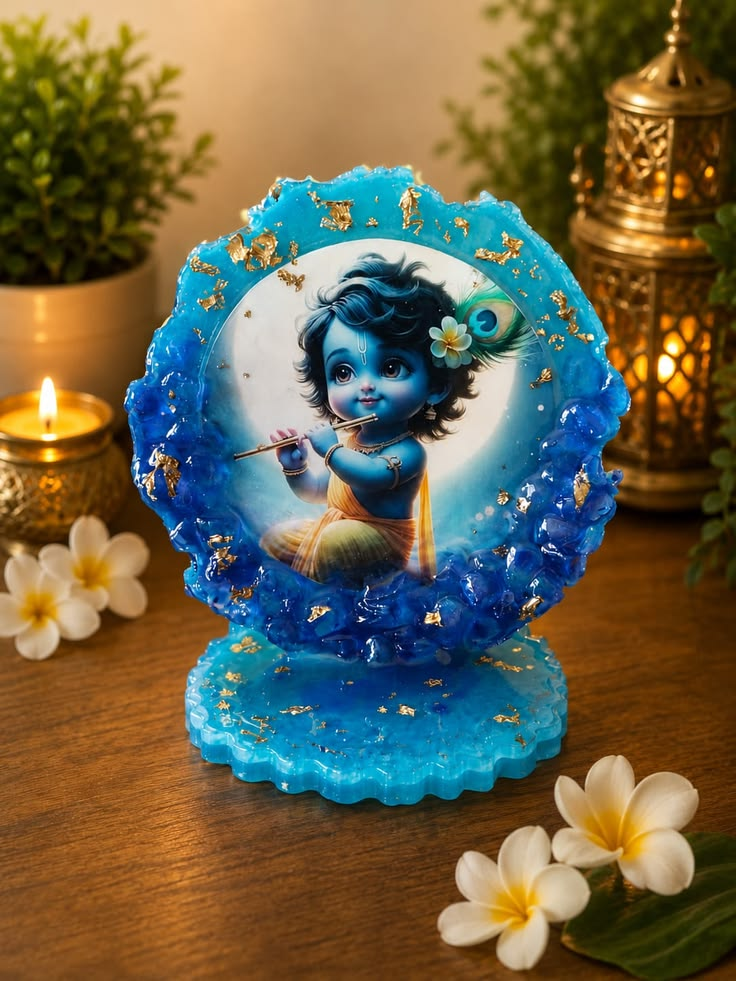 Handcrafted Baby Krishna Resin Art Table Display Stand