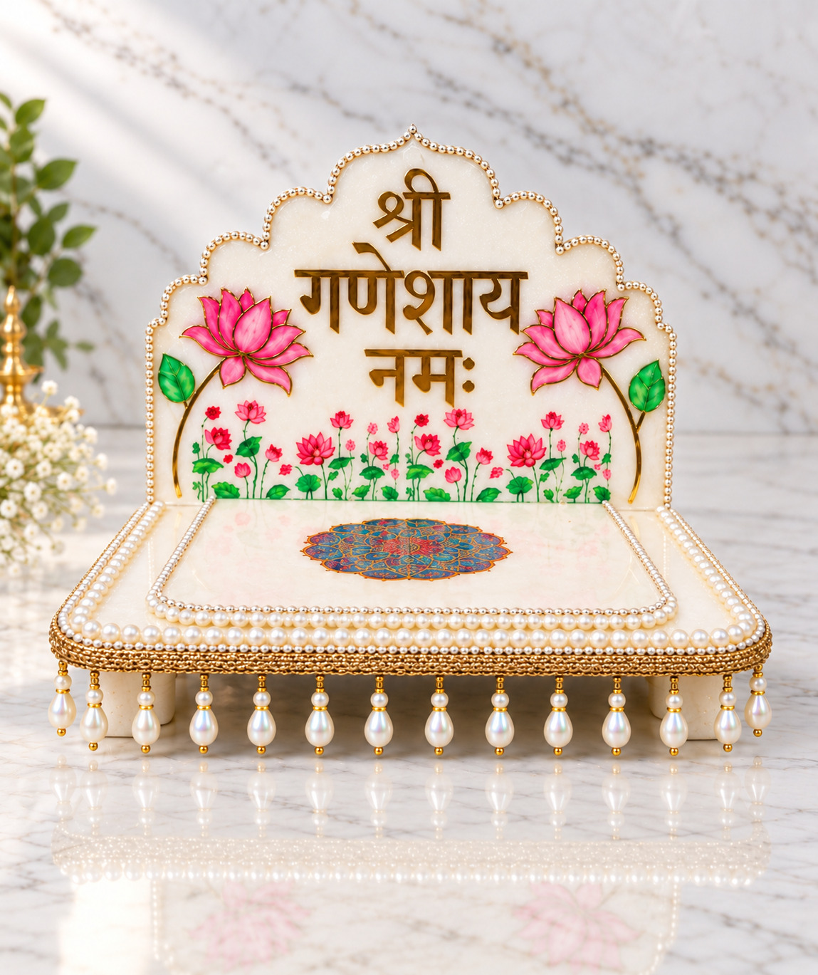 Shree Ganeshaya Namah Floral Resin Pooja Chowki Stand