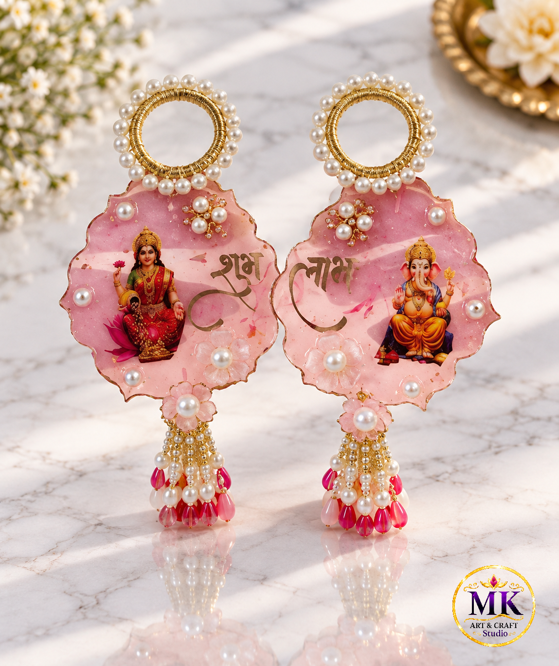 Handcrafted Pink Resin Laxmi Ganesha Shubh Labh Hanging Set