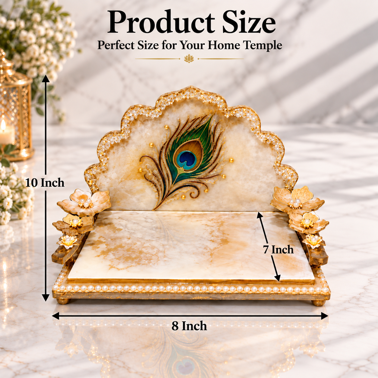 Royal Peacock Feather Gold Marble Resin Pooja Throne - Image 2