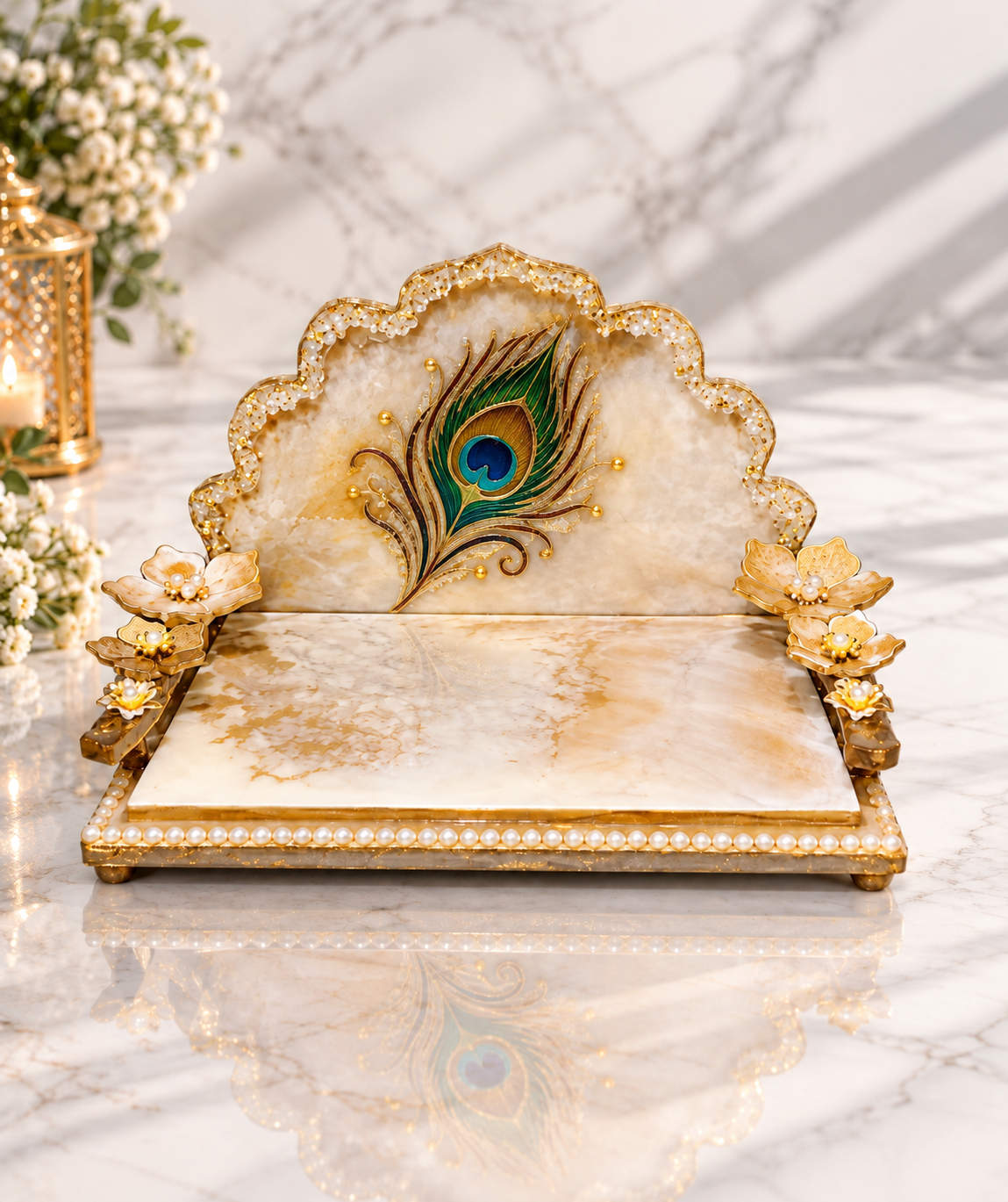 Royal Peacock Feather Gold Marble Resin Pooja Throne