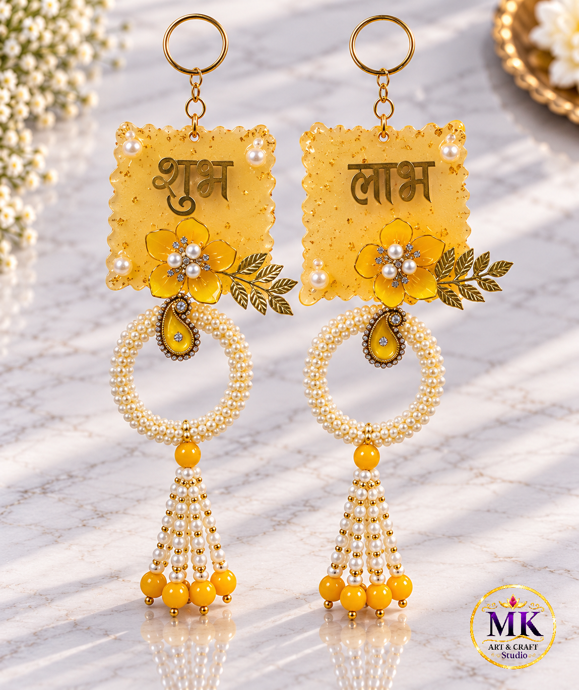 Handcrafted Yellow Square Resin Shubh Labh Hanging Set with Floral & Pearl Accents