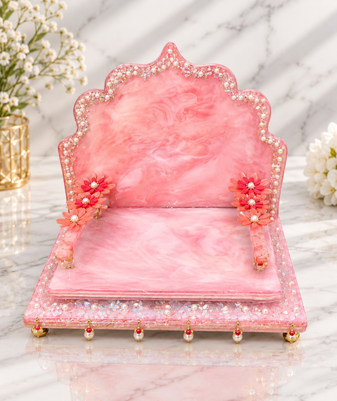 Rose Quartz Floral Resin Pooja Throne Chowki