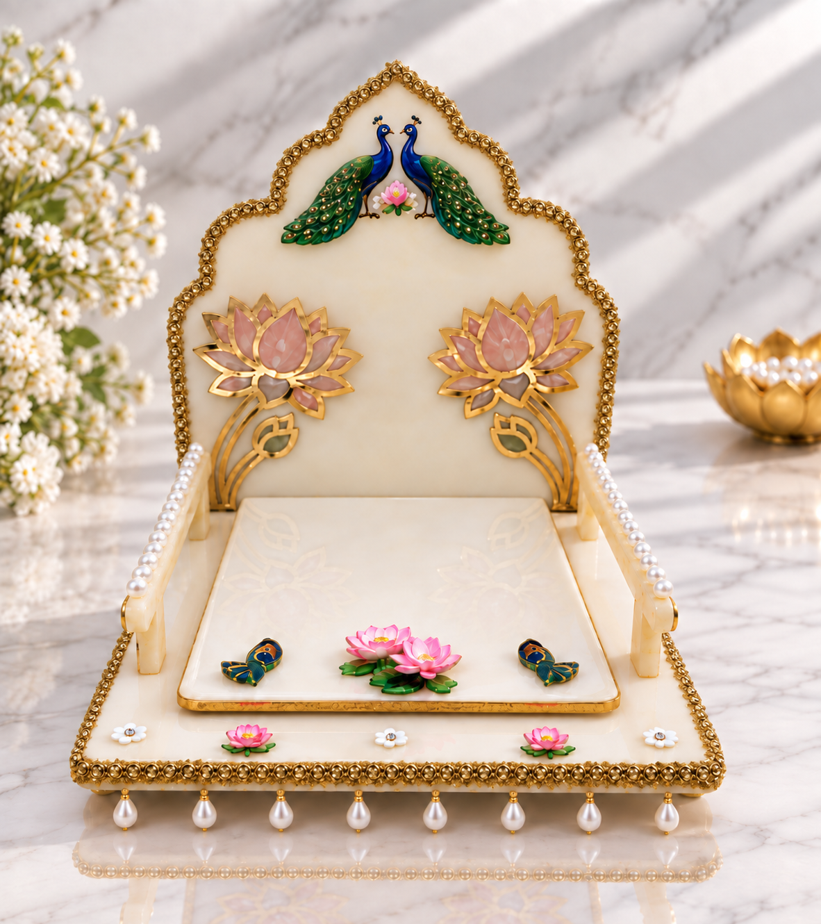 Royal Twin Peacock & Pink Lotus Resin Pooja Throne