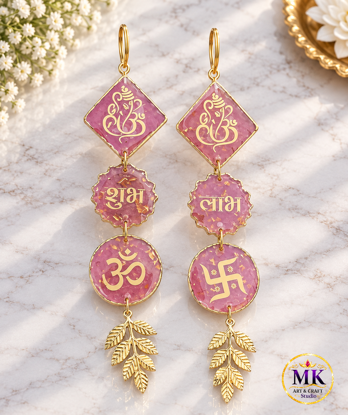 Handcrafted Pink Resin 3-Tier Shubh Labh Wall Hanging Set with Metallic Leaf Charms